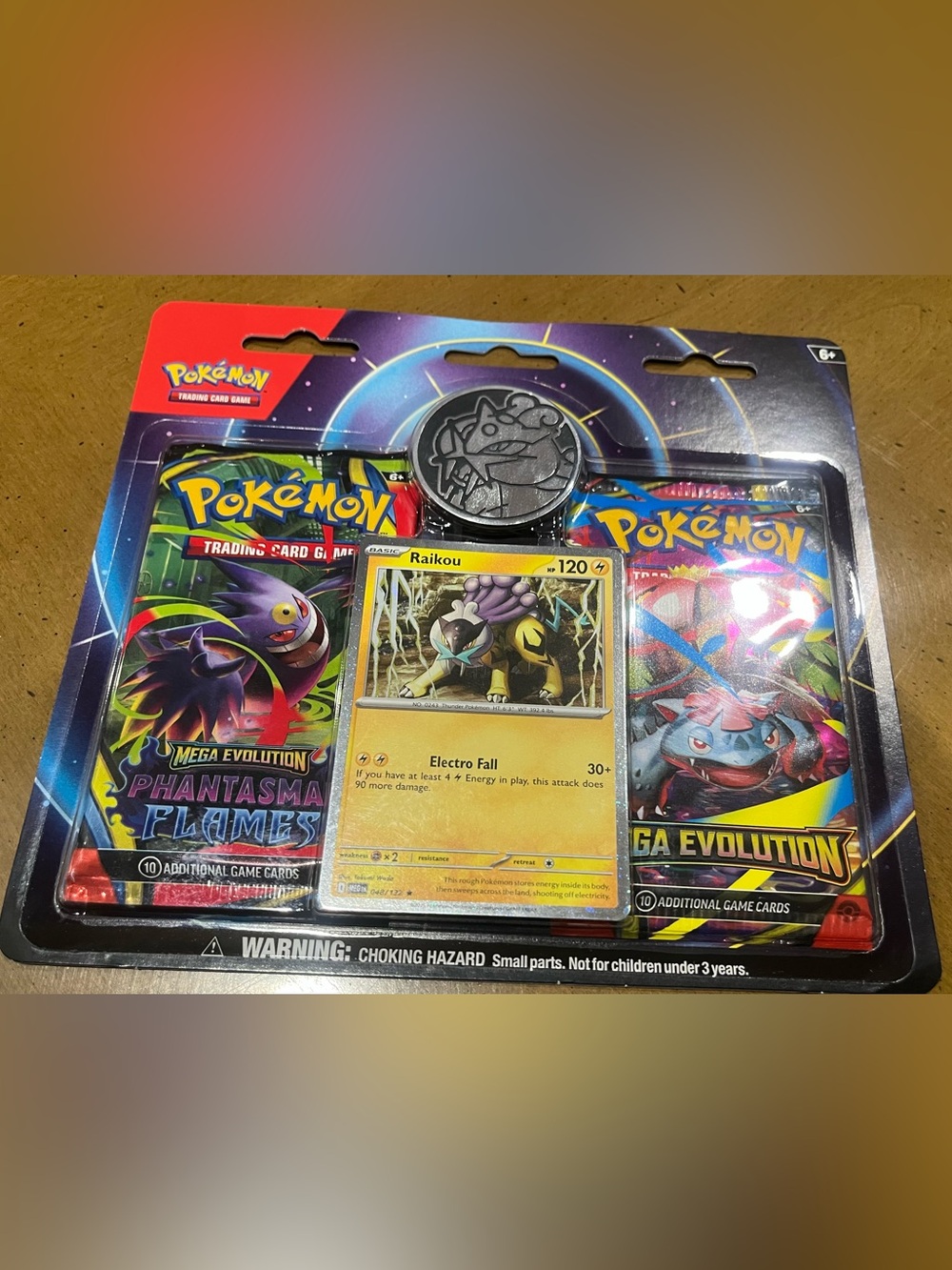Pokémon Raikou Promo Shiny Card with Coin + 2 Mega Evolution Booster Card Packs